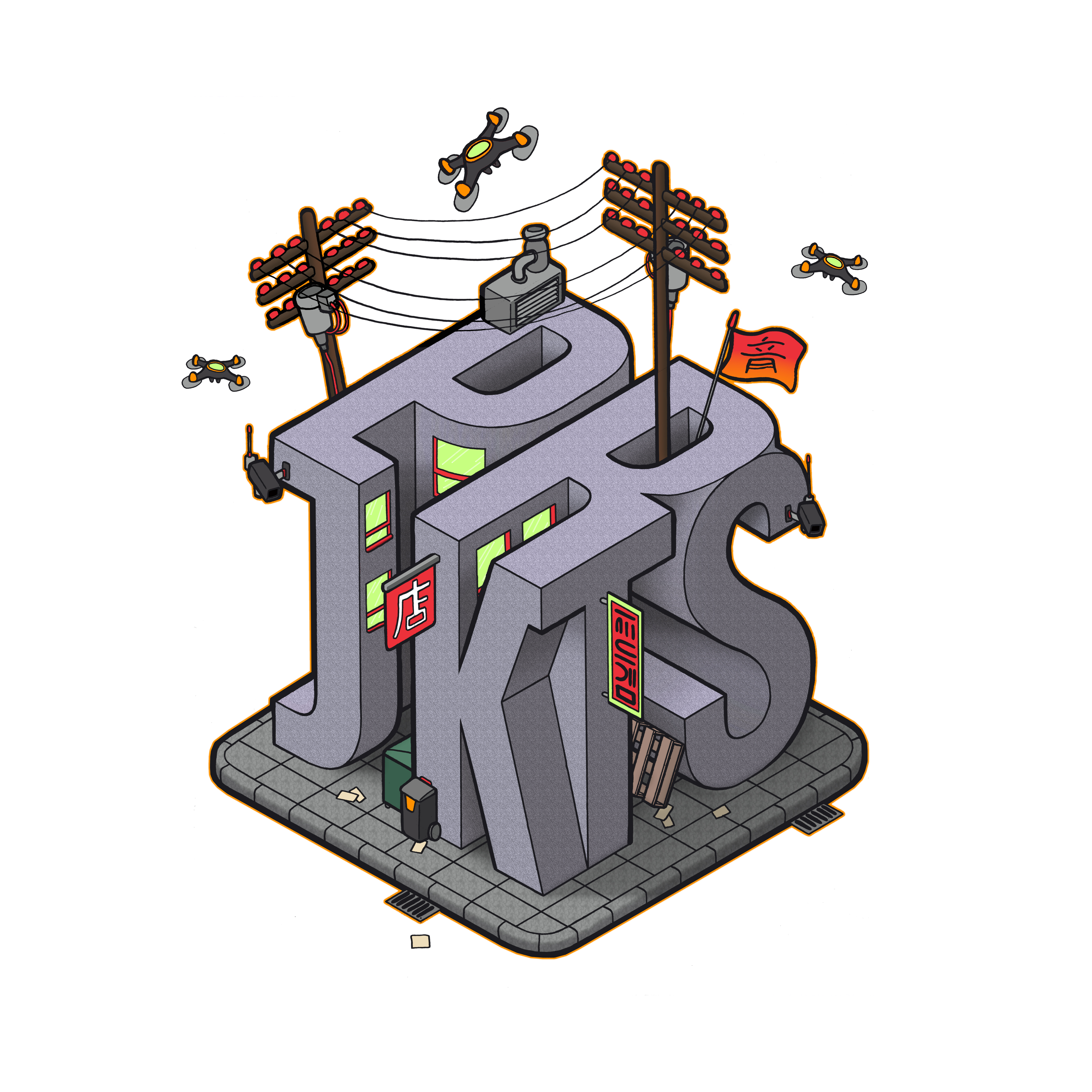 Illustration of the six PRJKTS letters drawn as an isometric city block, with drones, power lines, security cameras and Japanese signage.